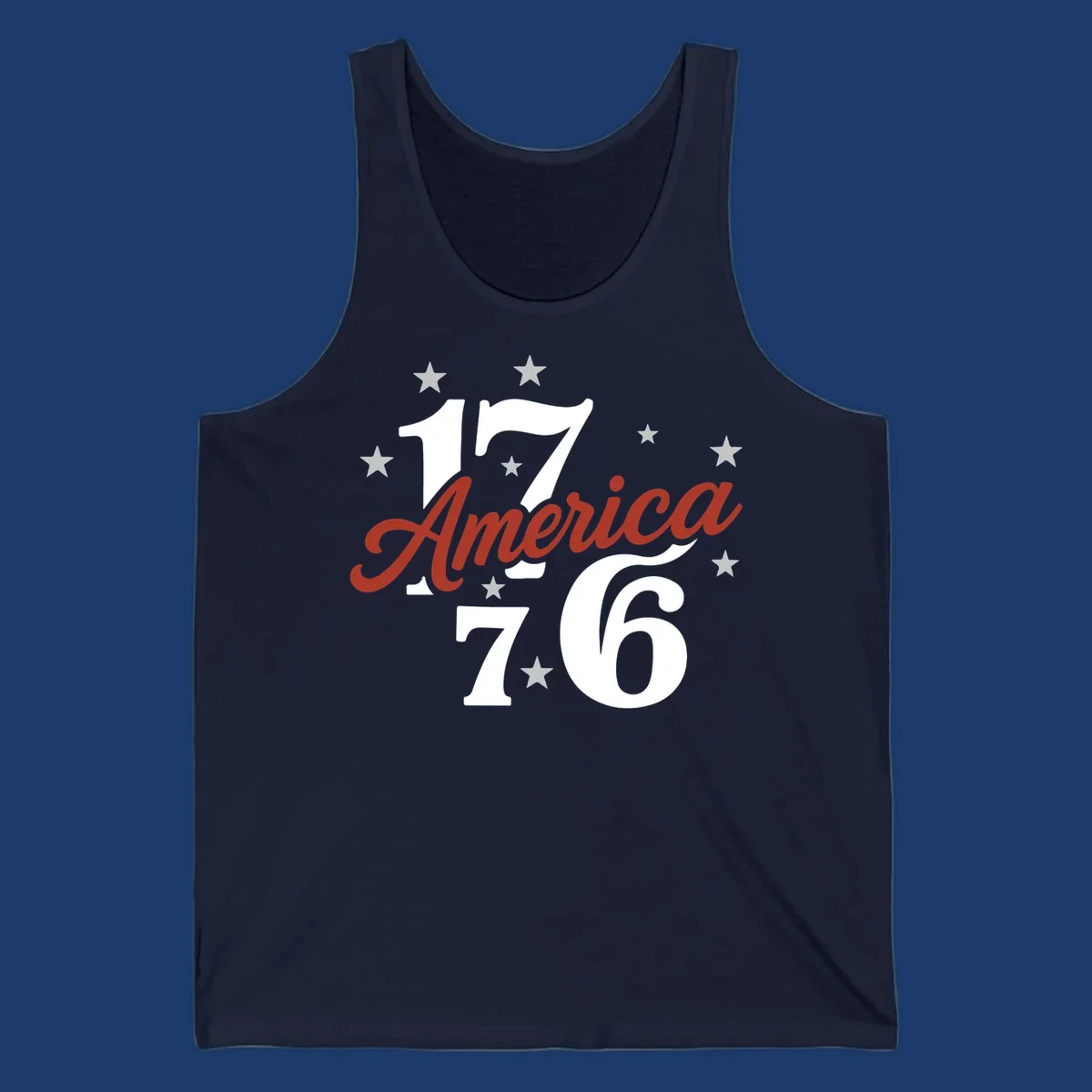 America 1776 celebration graphic with stars and bold typography.