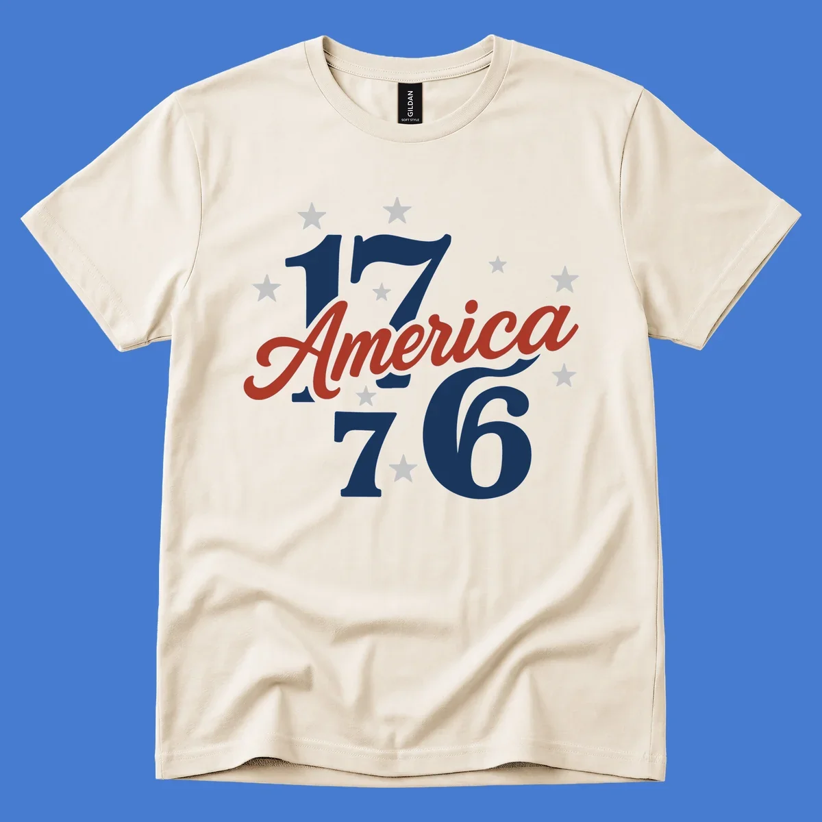 America 1776 celebration graphic with stars and bold typography.