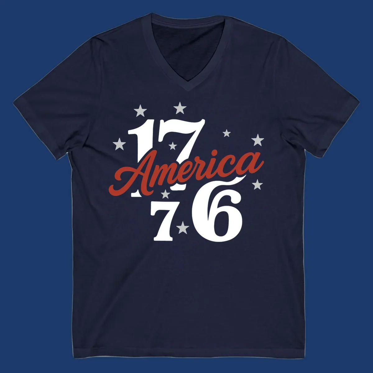 America 1776 celebration graphic with stars and bold typography.