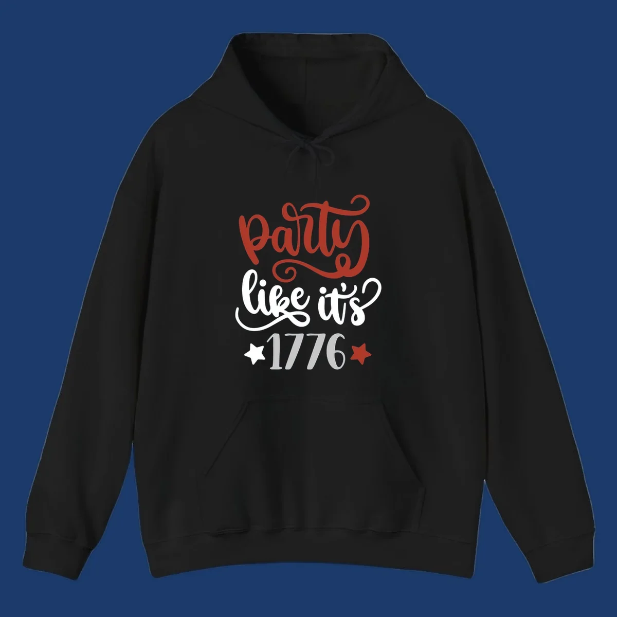 Party like it's 1776 text with stars, bold patriotic design.