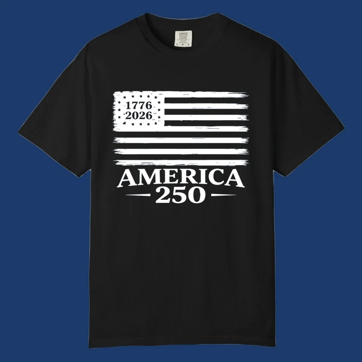 America 250th anniversary design with distressed flag and bold text.