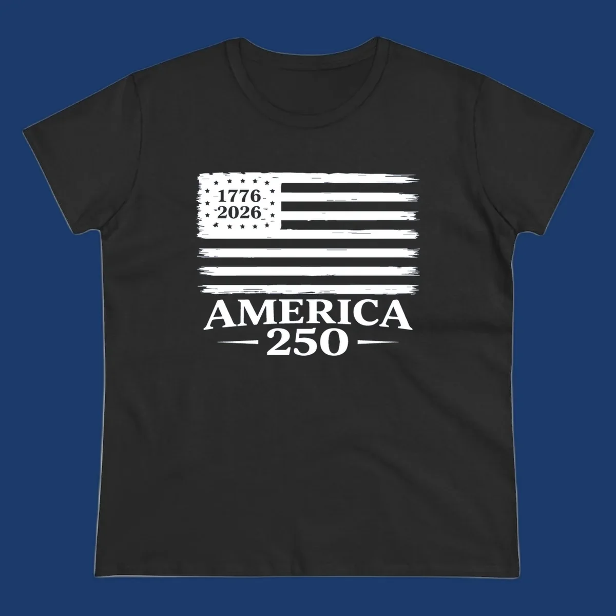 America 250th anniversary design with distressed flag and bold text.