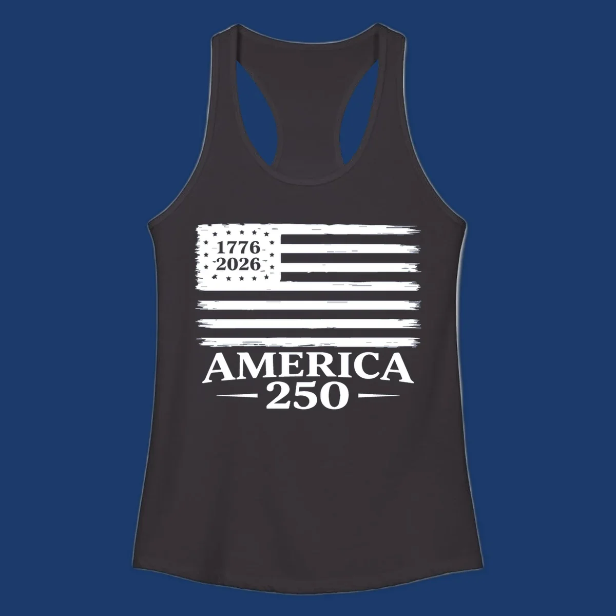 America 250th anniversary design with distressed flag and bold text.