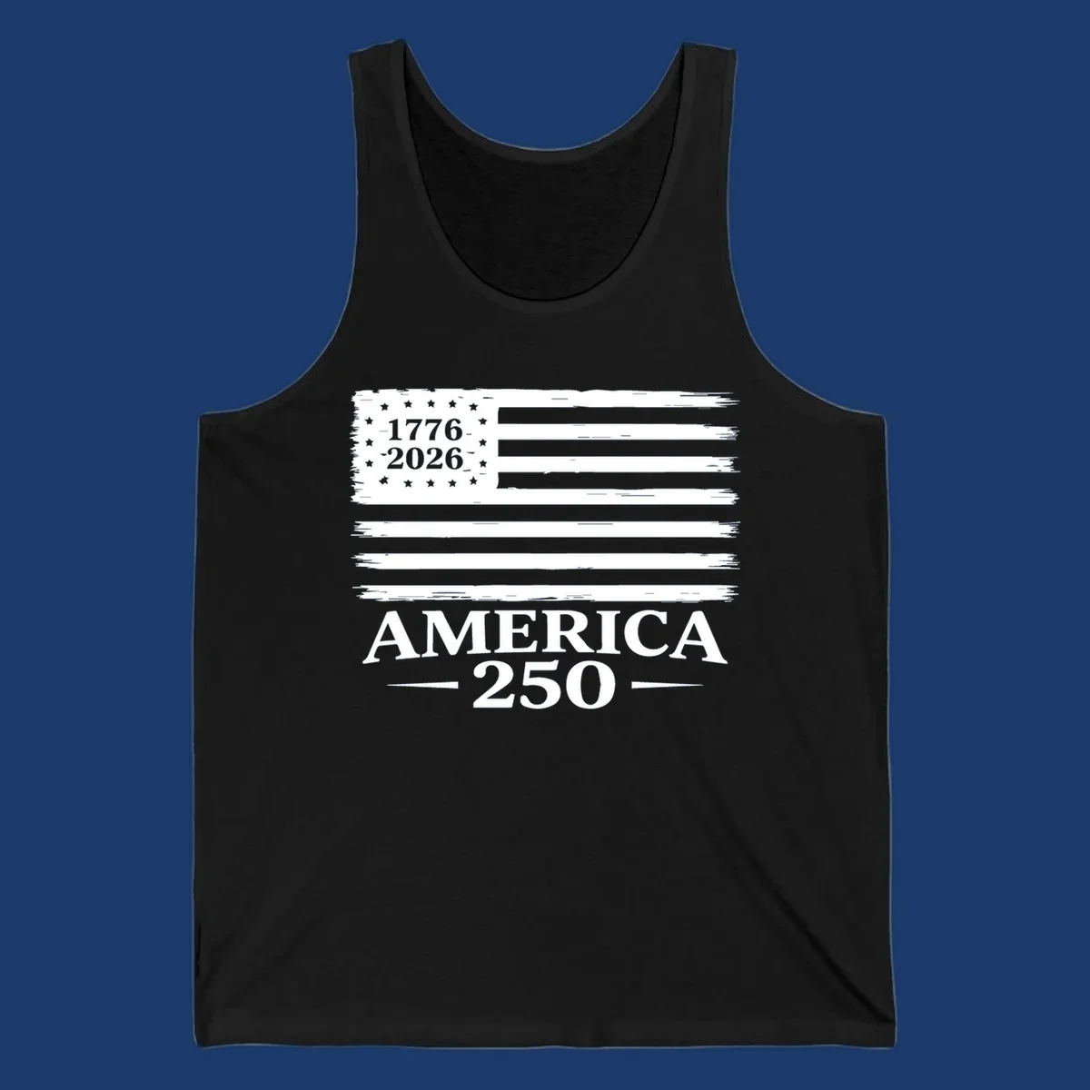 America 250th anniversary design with distressed flag and bold text.