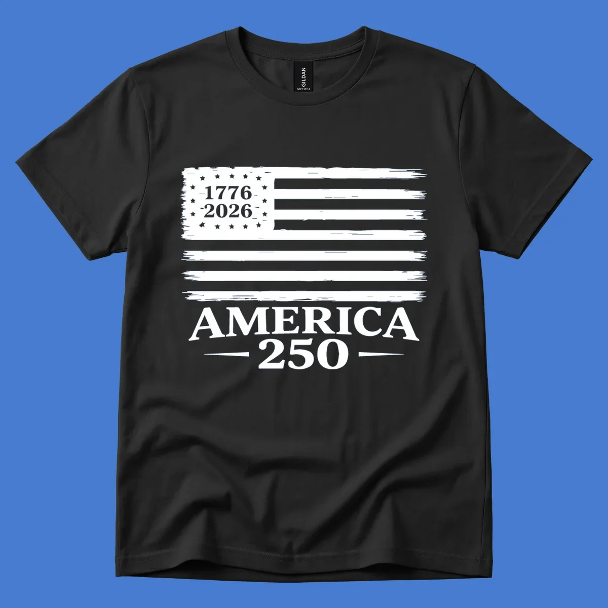 America 250th anniversary design with distressed flag and bold text.