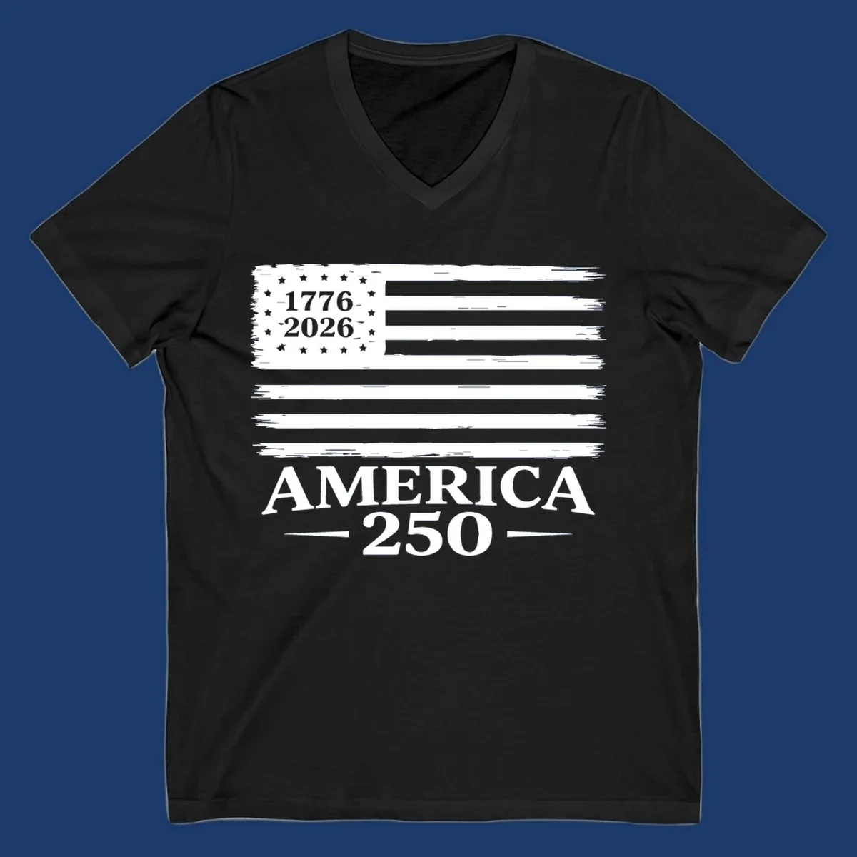 America 250th anniversary design with distressed flag and bold text.