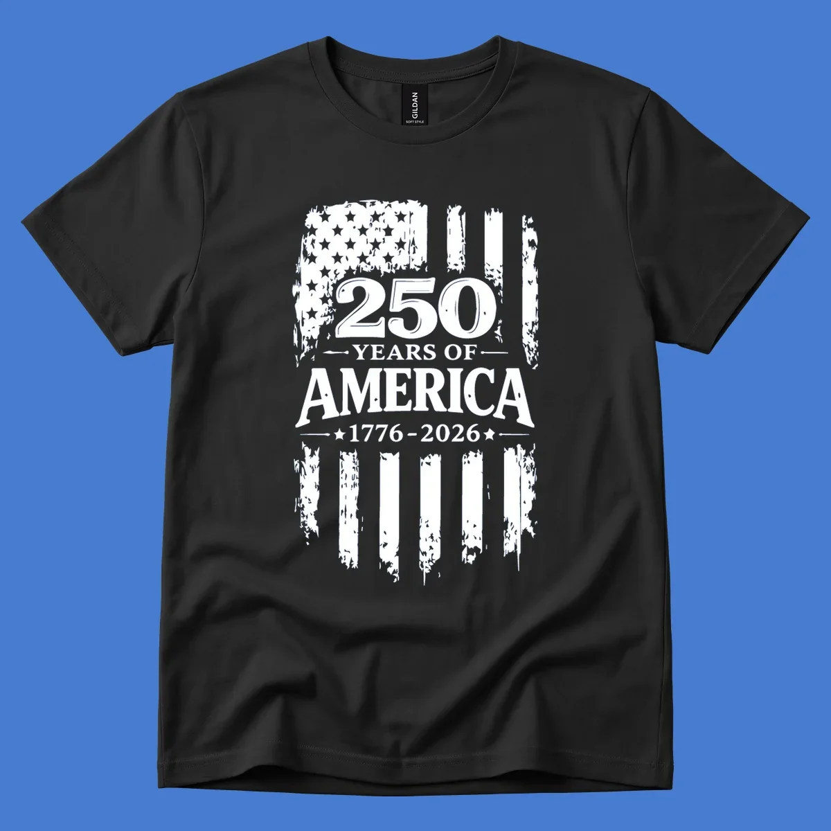 250 years of America 1776-2026 text with distressed American flag graphic.