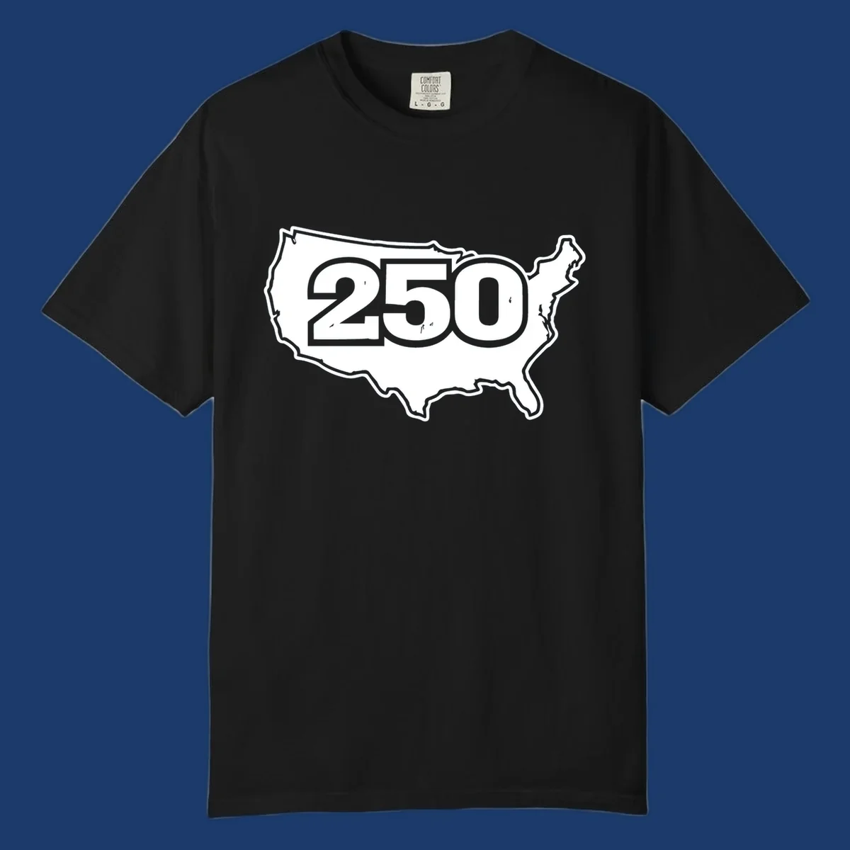 America 250th anniversary celebration design featuring the number 250 over a USA map.