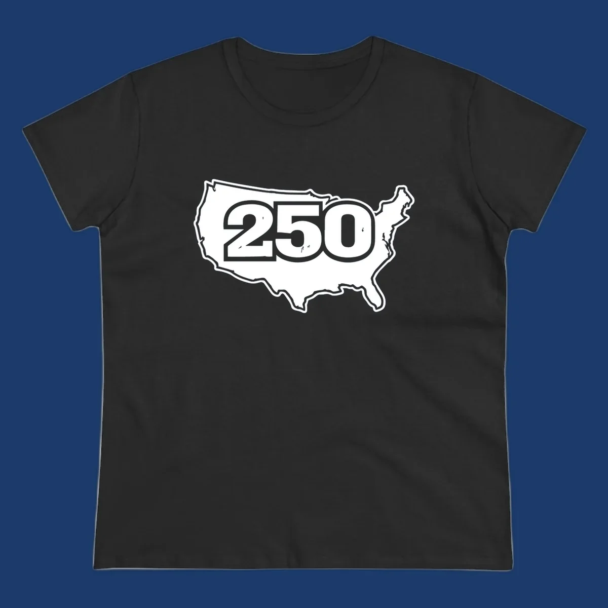 America 250th anniversary celebration design featuring the number 250 over a USA map.