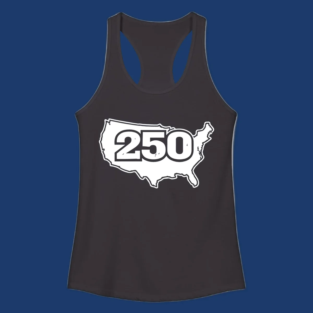 America 250th anniversary celebration design featuring the number 250 over a USA map.
