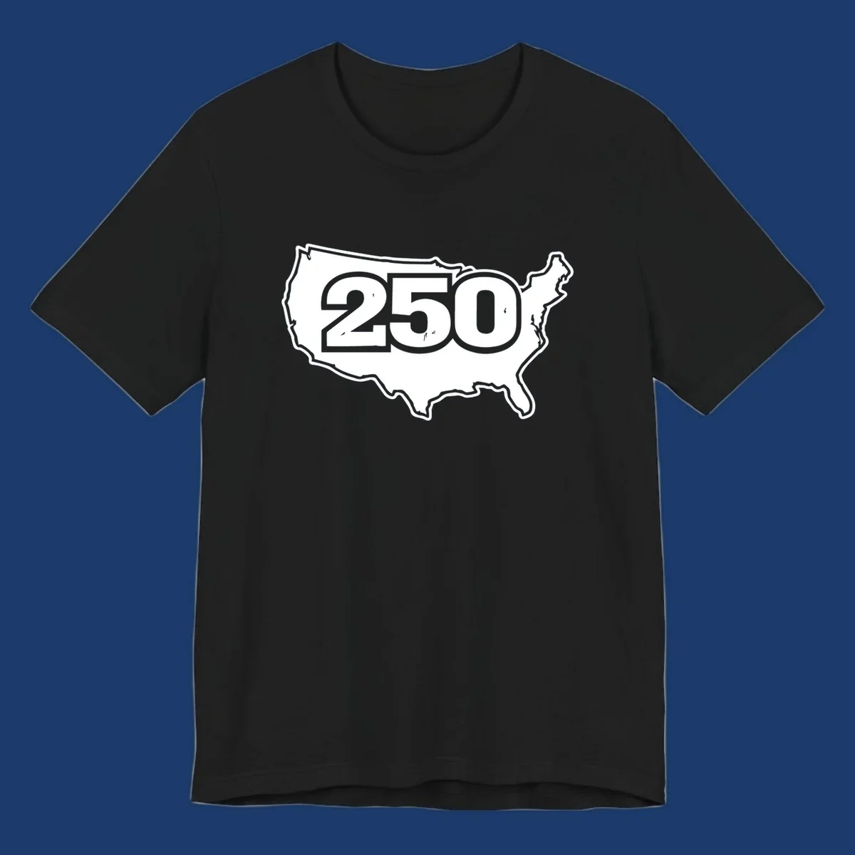 America 250th anniversary celebration design featuring the number 250 over a USA map.