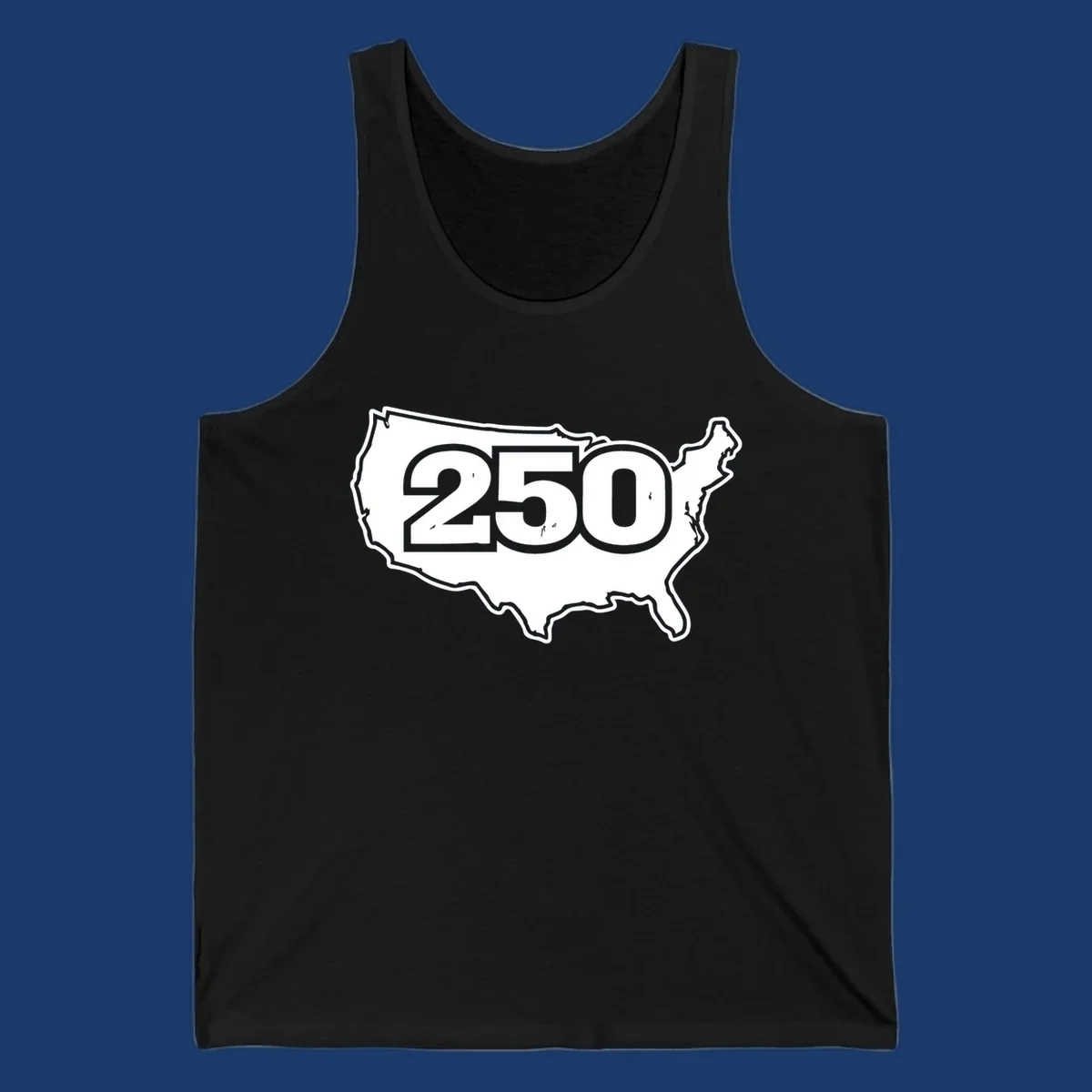 America 250th anniversary celebration design featuring the number 250 over a USA map.