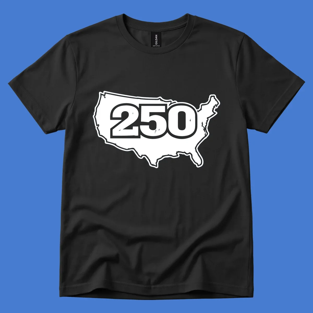 America 250th anniversary celebration design featuring the number 250 over a USA map.