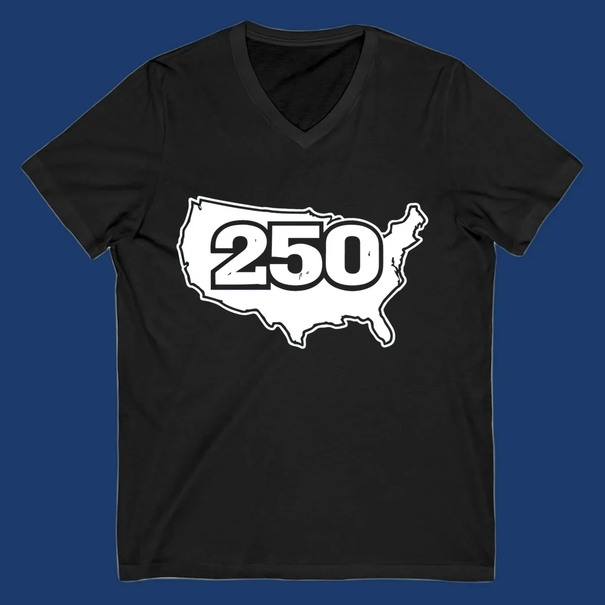 America 250th anniversary celebration design featuring the number 250 over a USA map.