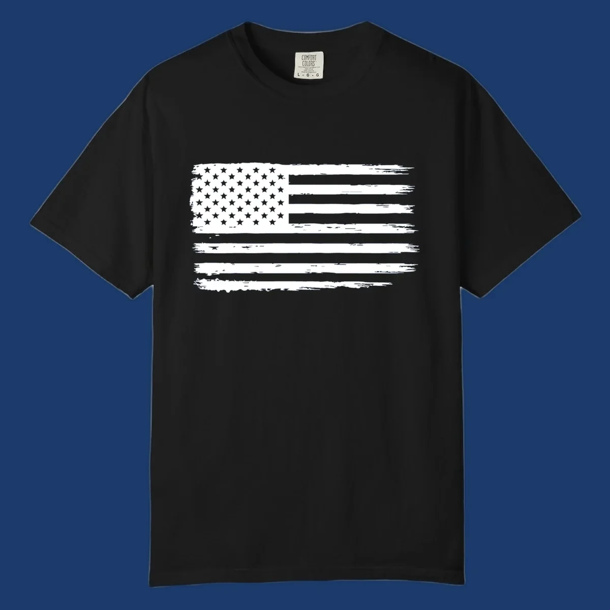 Distressed American flag graphic for bold event merch and party shirts.
