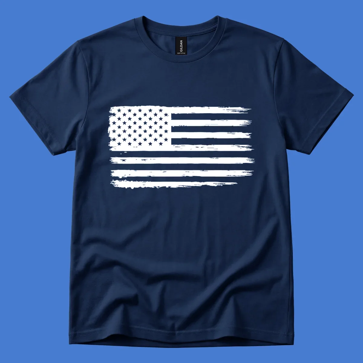 Distressed American flag graphic for bold event merch and party shirts.