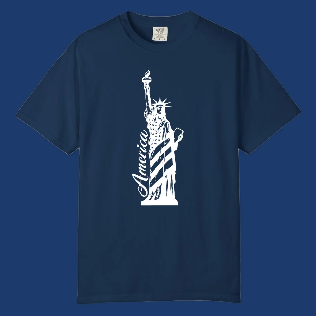 Statue of Liberty with American flag pattern and text 'America', representing the america-statue-celebration concept.