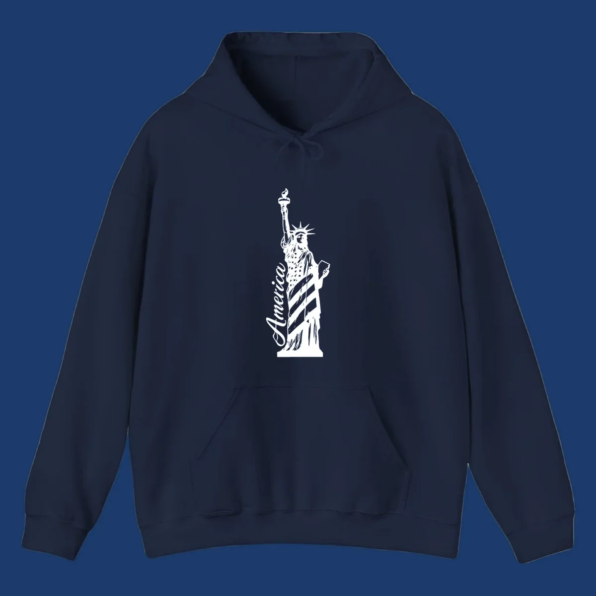 Statue of Liberty with American flag pattern and text 'America', representing the america-statue-celebration concept.