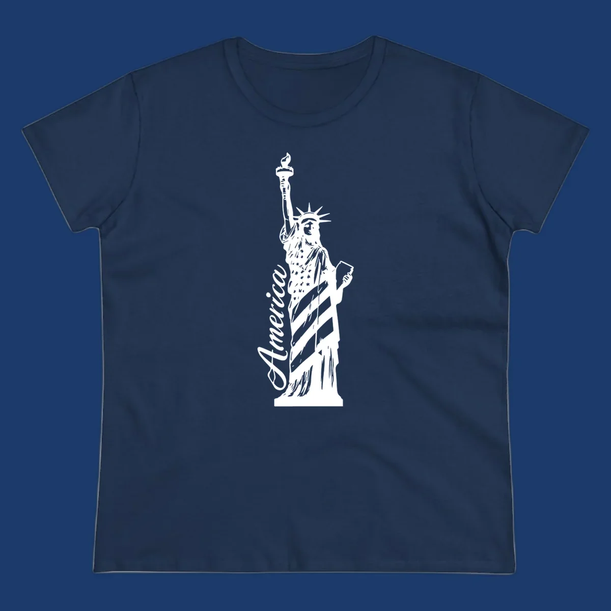 Statue of Liberty with American flag pattern and text 'America', representing the america-statue-celebration concept.