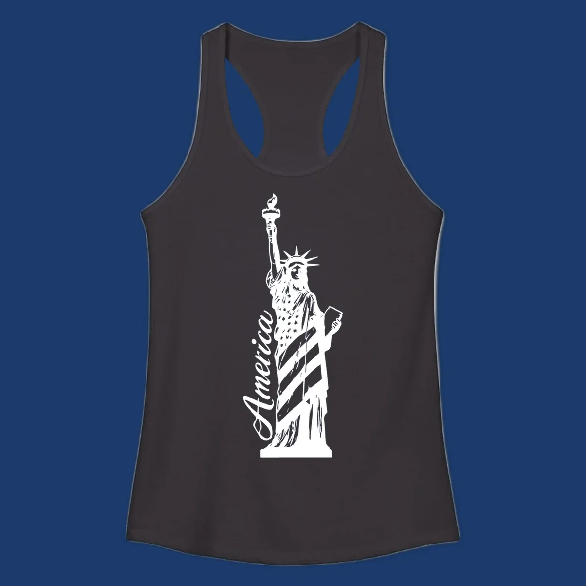 Statue of Liberty with American flag pattern and text 'America', representing the america-statue-celebration concept.