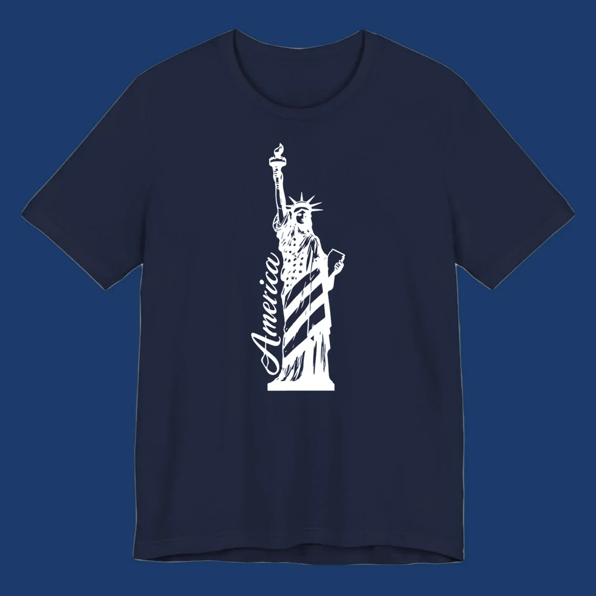 Statue of Liberty with American flag pattern and text 'America', representing the america-statue-celebration concept.