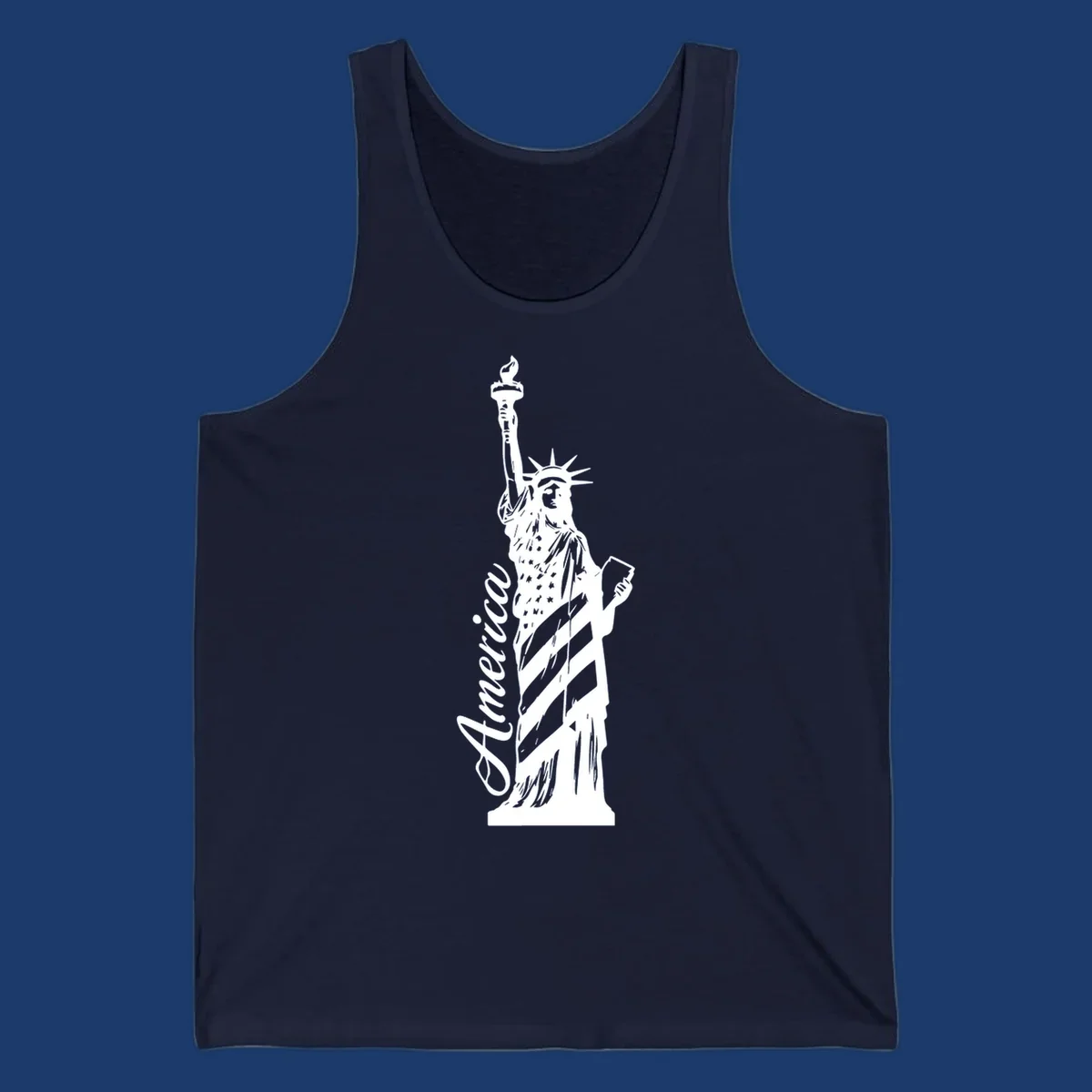 Statue of Liberty with American flag pattern and text 'America', representing the america-statue-celebration concept.