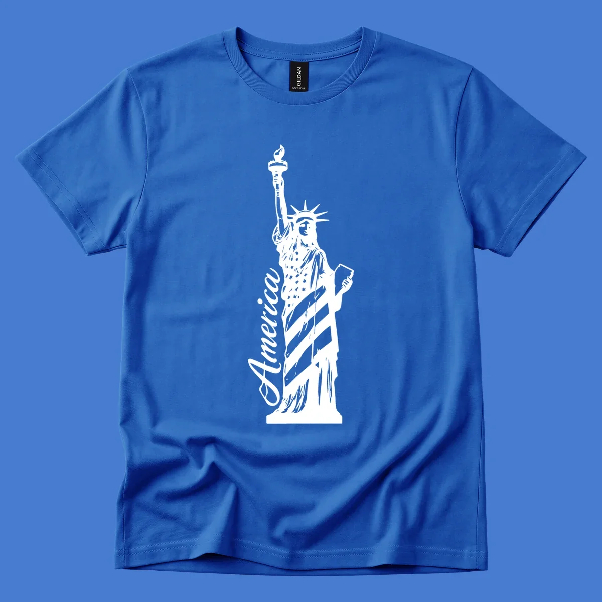 Statue of Liberty with American flag pattern and text 'America', representing the america-statue-celebration concept.