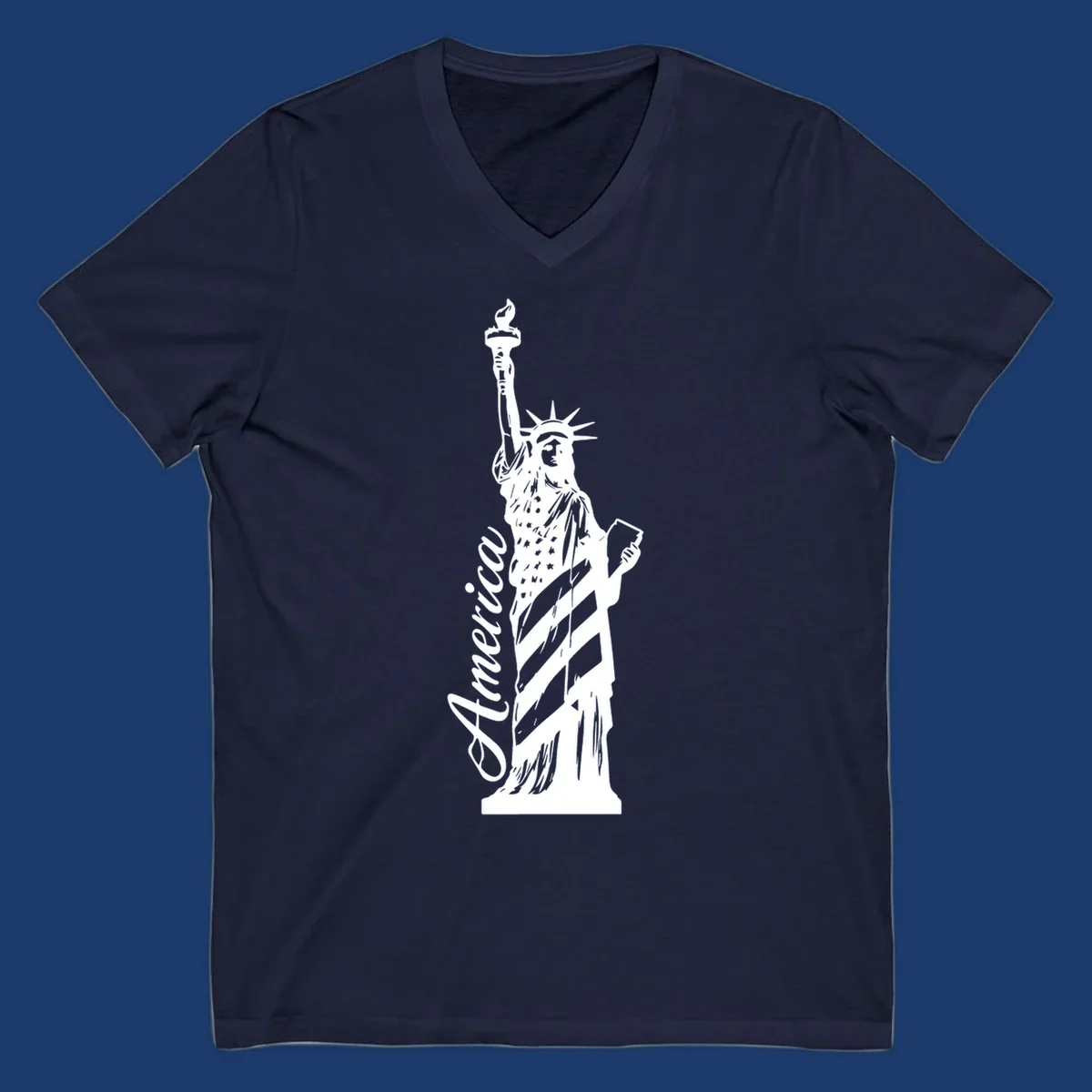 Statue of Liberty with American flag pattern and text 'America', representing the america-statue-celebration concept.