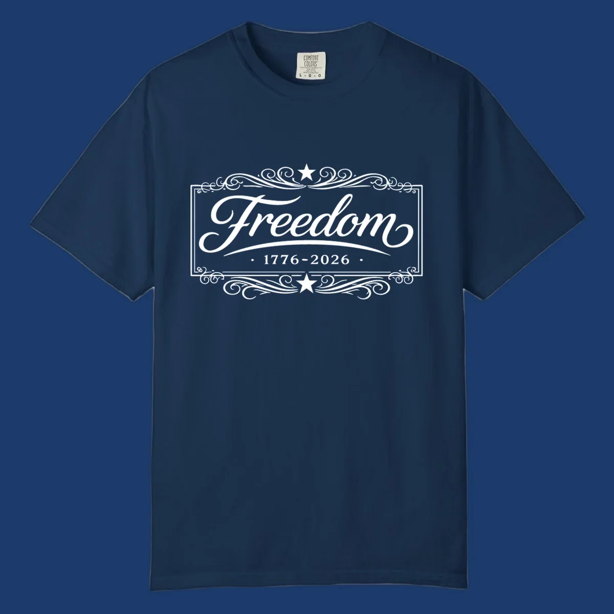Freedom 250th anniversary text with decorative borders and stars.