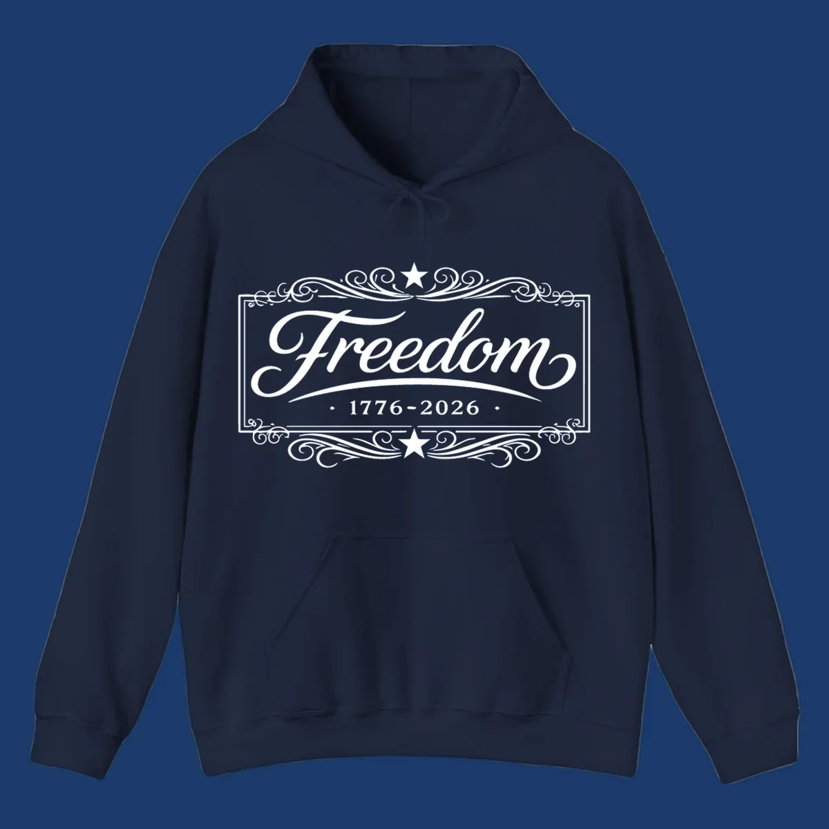 Freedom 250th anniversary text with decorative borders and stars.