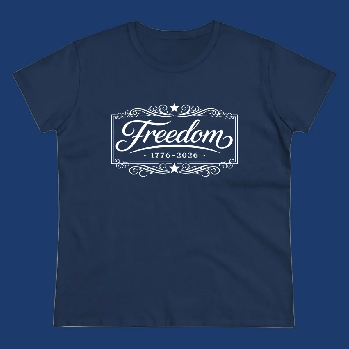 Freedom 250th anniversary text with decorative borders and stars.