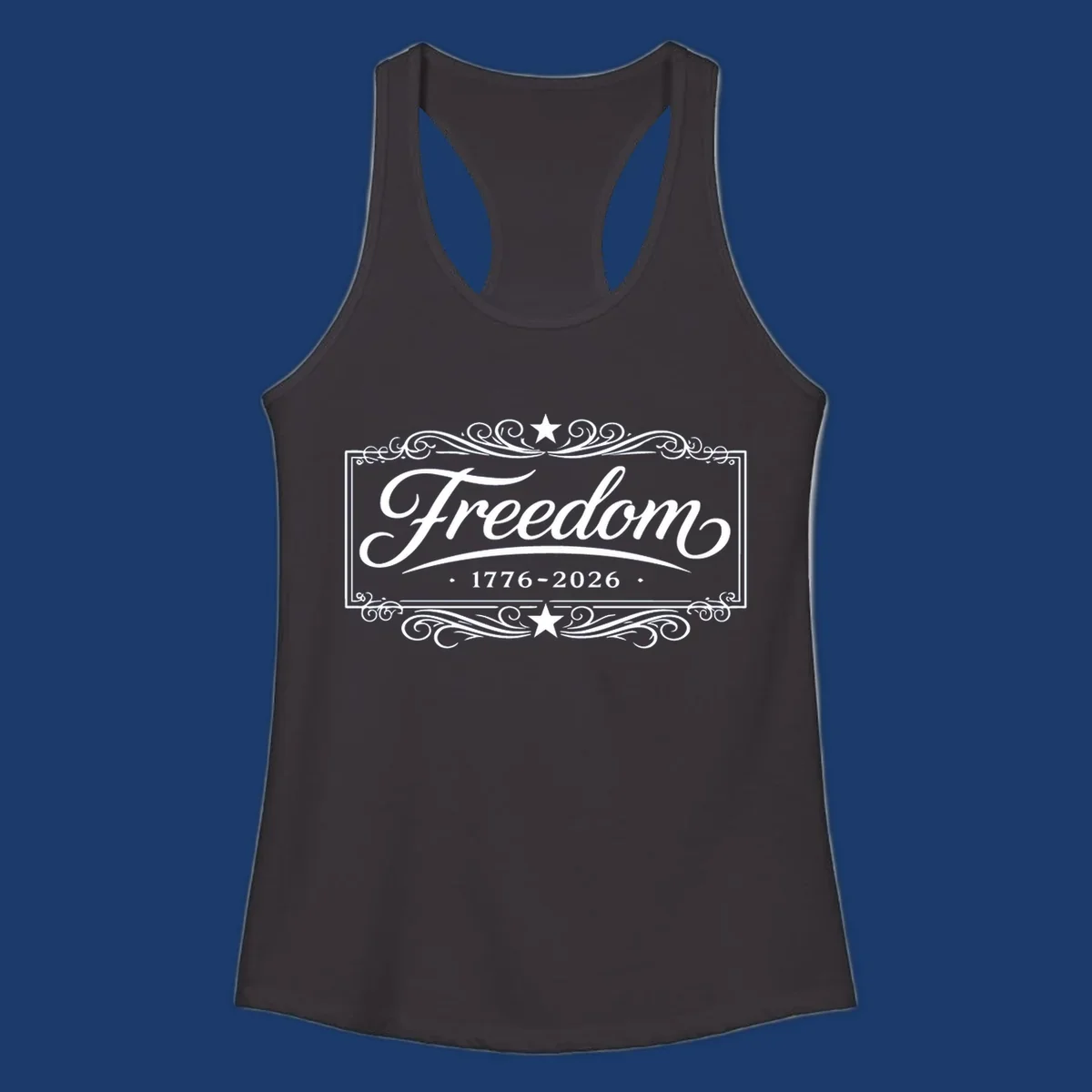 Freedom 250th anniversary text with decorative borders and stars.