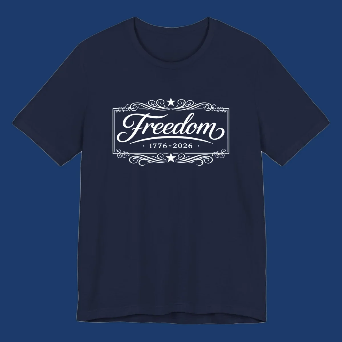 Freedom 250th anniversary text with decorative borders and stars.