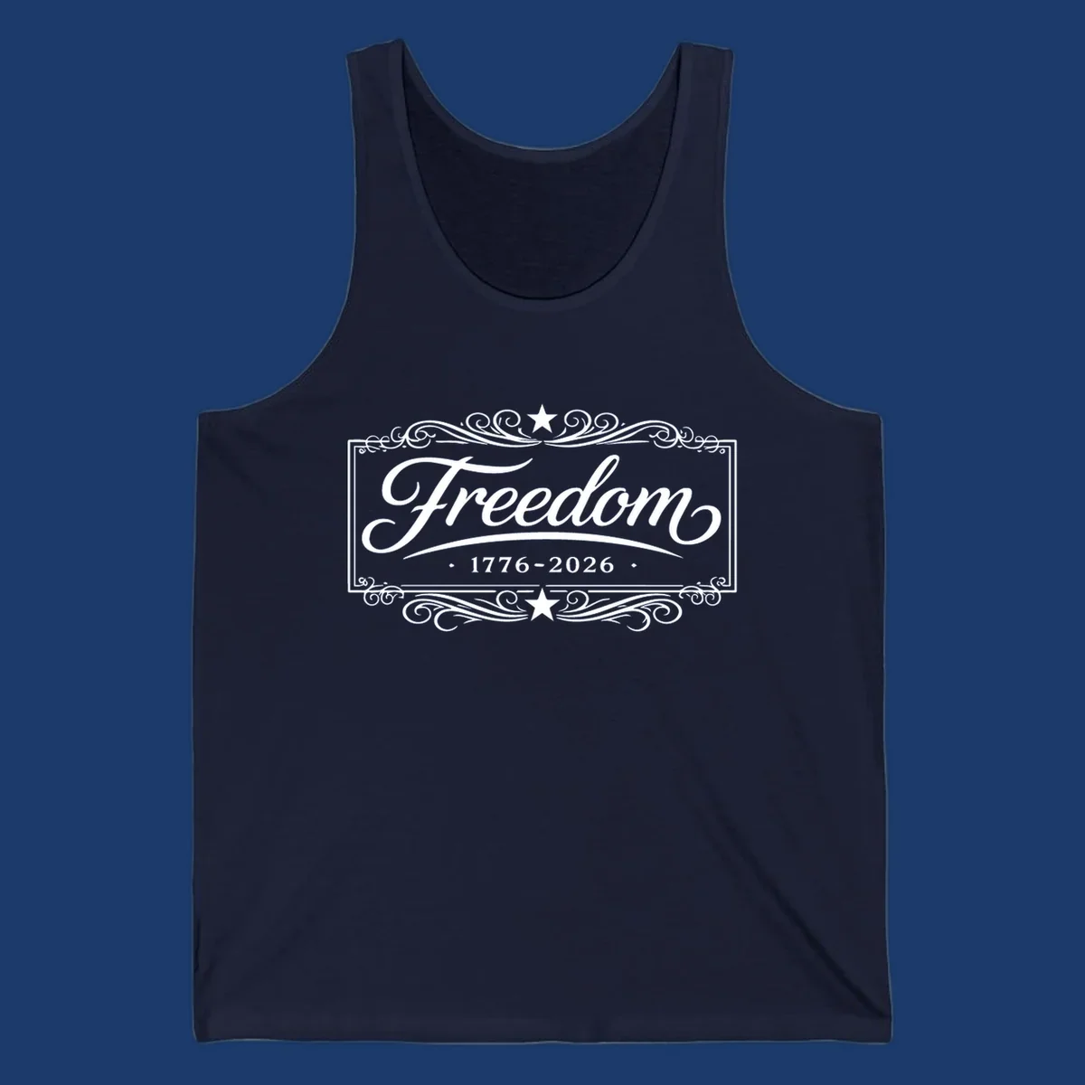 Freedom 250th anniversary text with decorative borders and stars.
