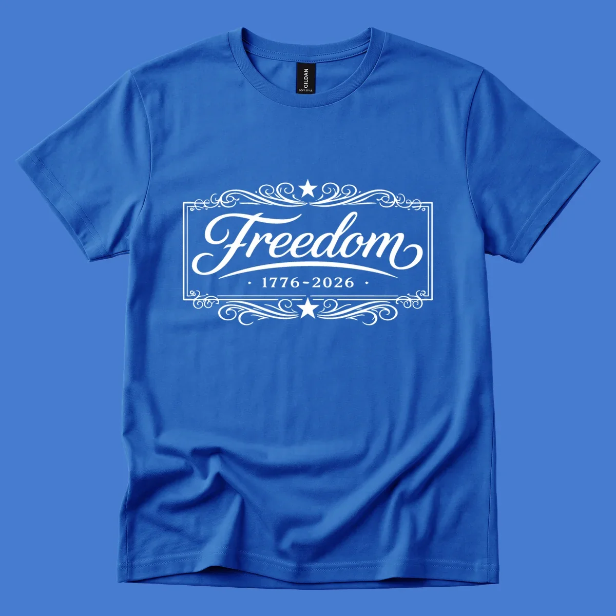 Freedom 250th anniversary text with decorative borders and stars.
