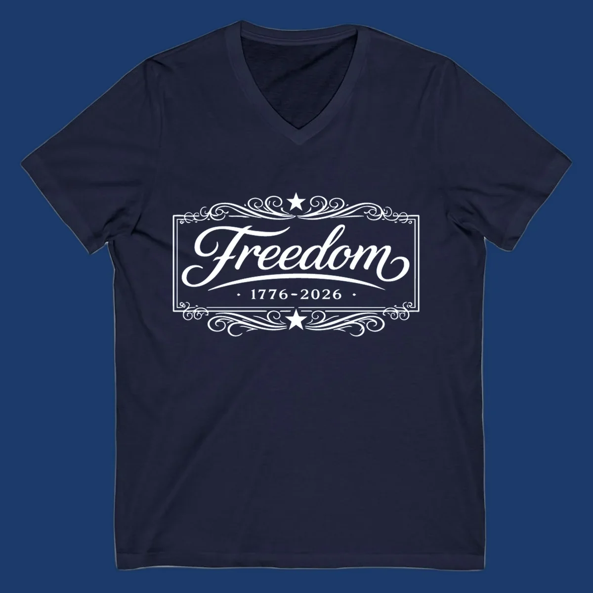 Freedom 250th anniversary text with decorative borders and stars.