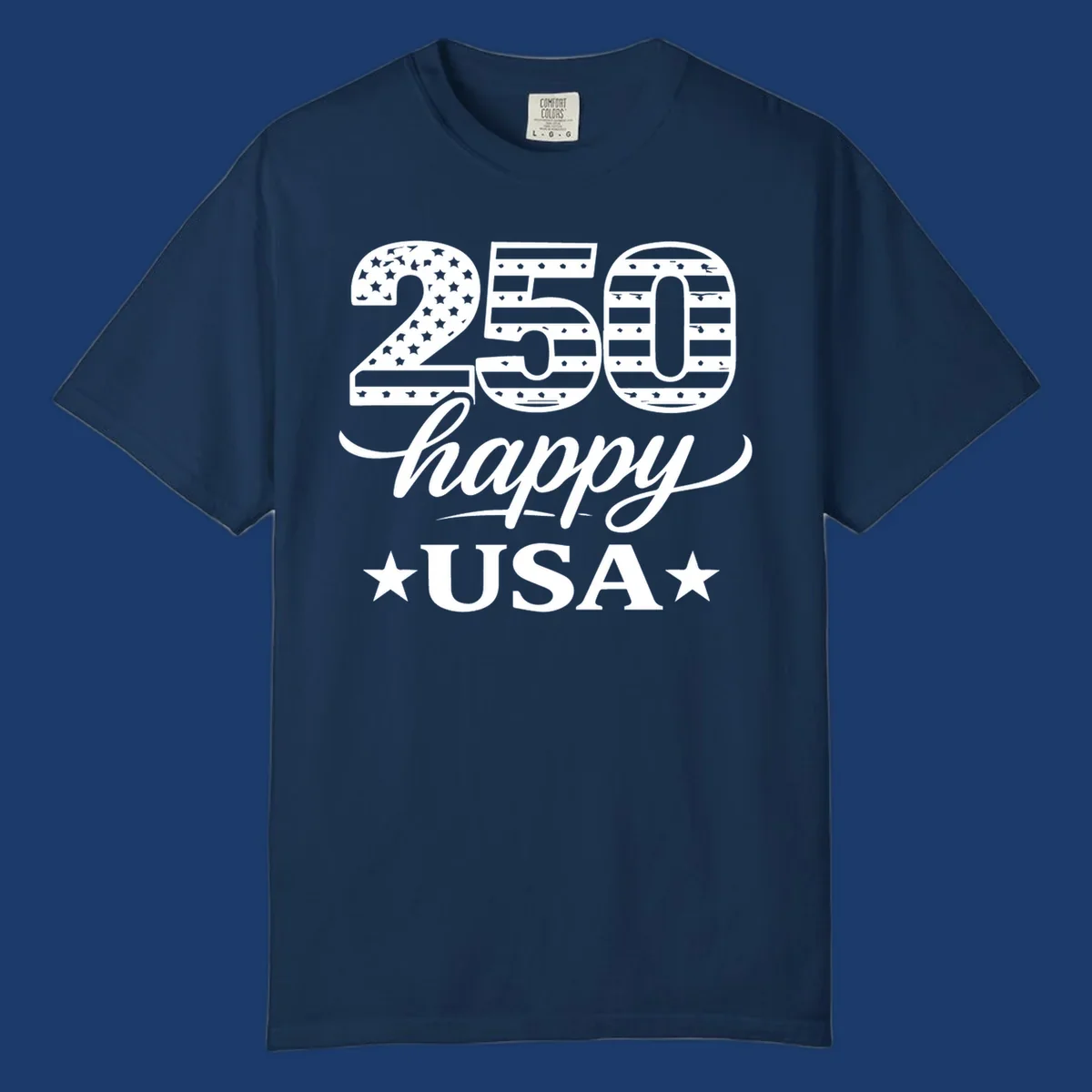America 250th anniversary design with "250 happy USA" text and patriotic stars and stripes elements.