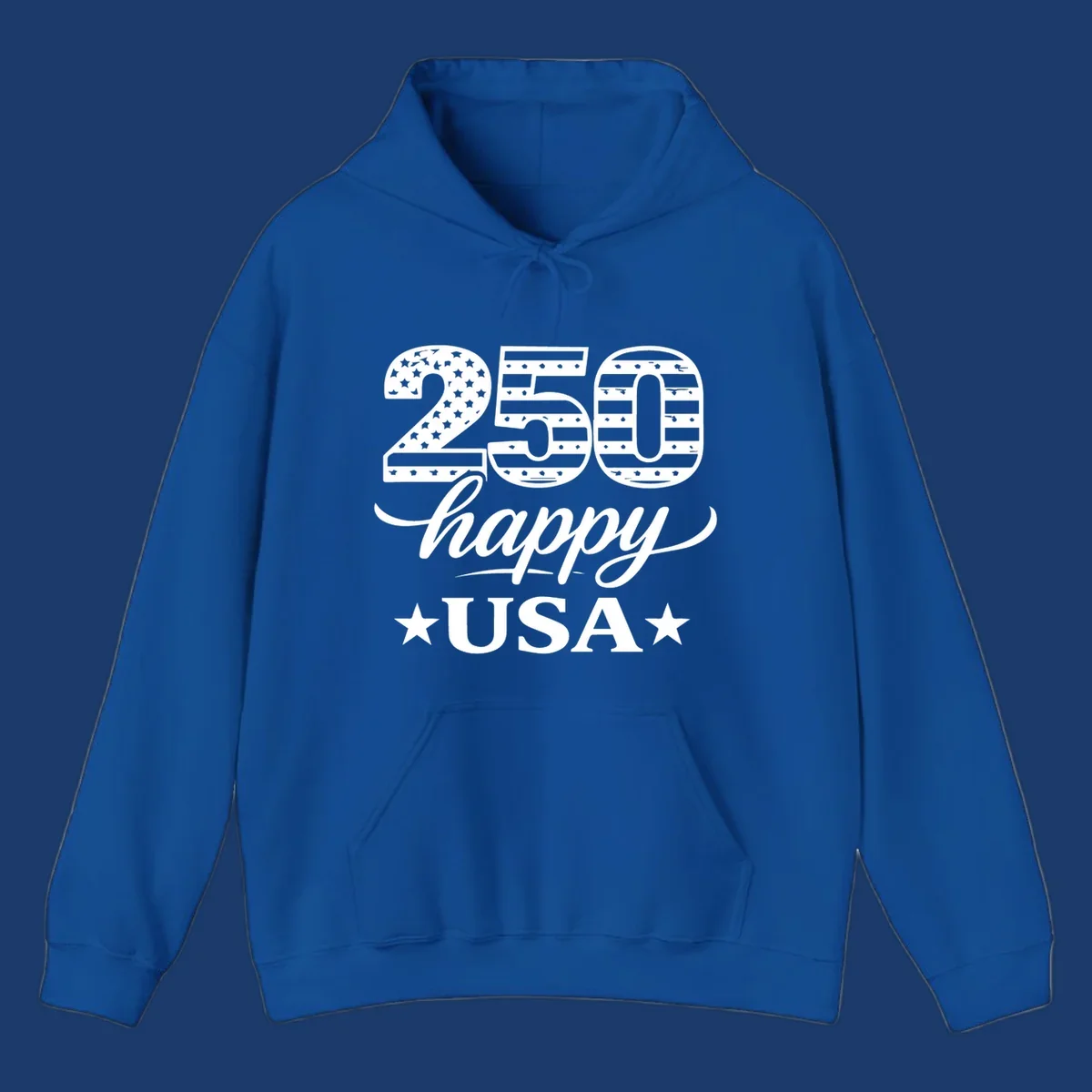 America 250th anniversary design with "250 happy USA" text and patriotic stars and stripes elements.