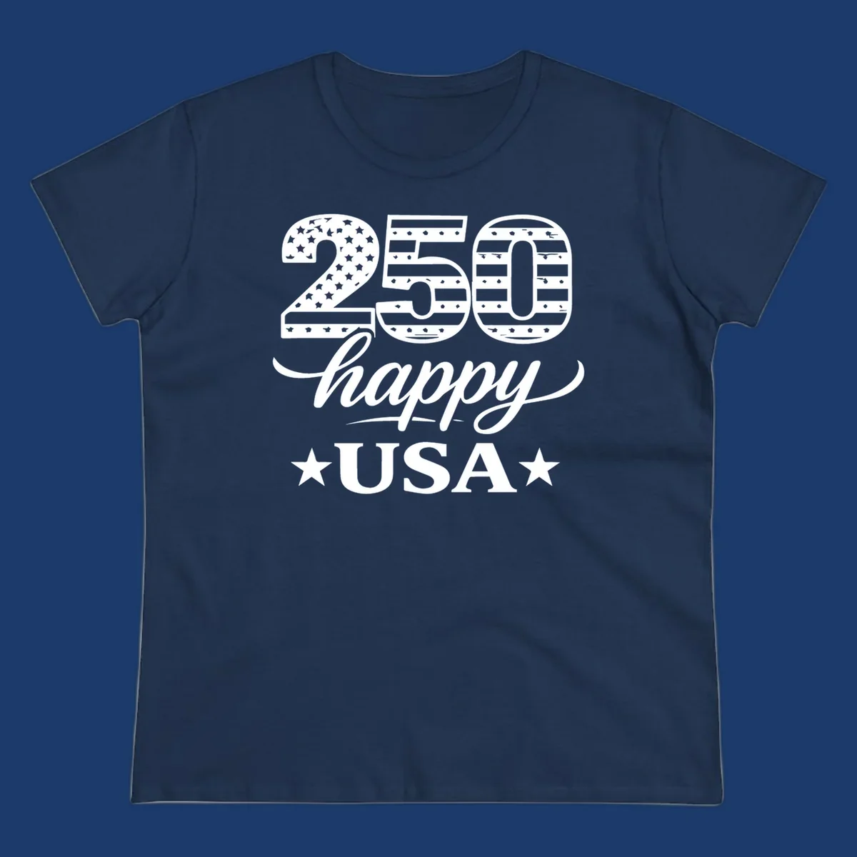 America 250th anniversary design with "250 happy USA" text and patriotic stars and stripes elements.