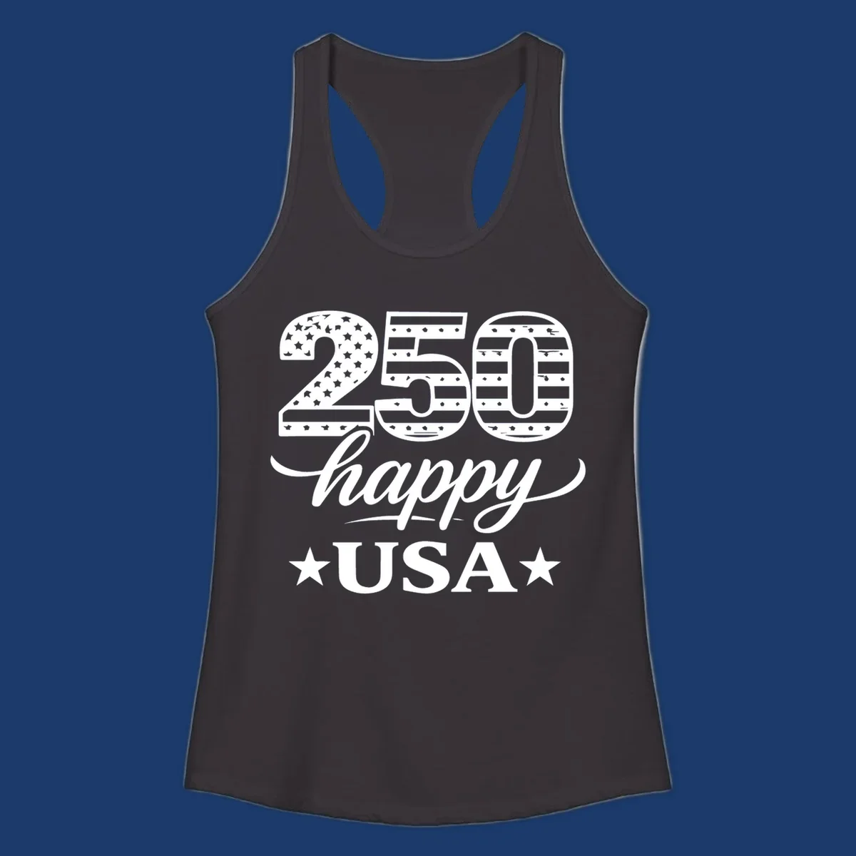 America 250th anniversary design with "250 happy USA" text and patriotic stars and stripes elements.