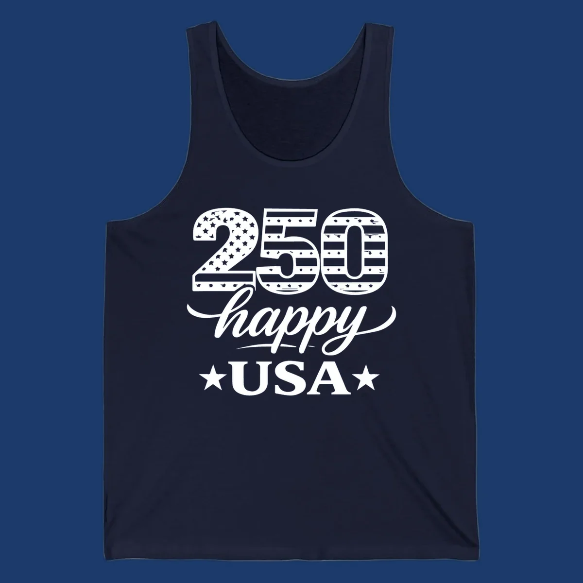 America 250th anniversary design with "250 happy USA" text and patriotic stars and stripes elements.