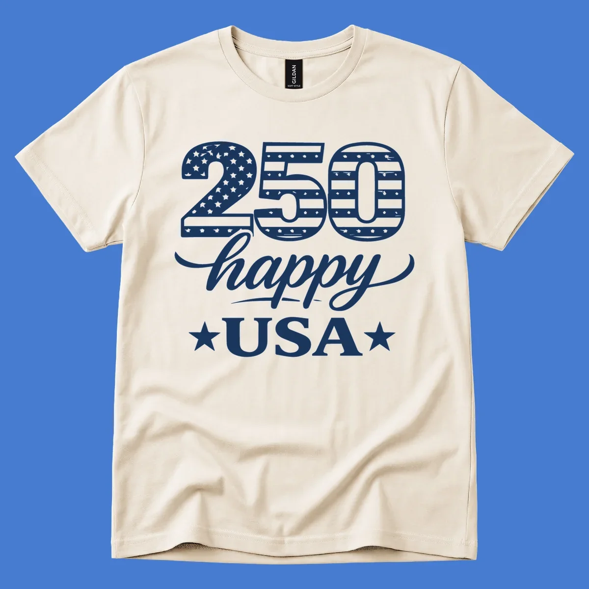 America 250th anniversary design with "250 happy USA" text and patriotic stars and stripes elements.