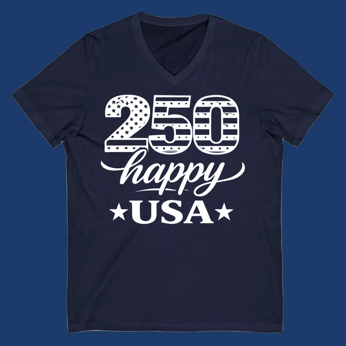America 250th anniversary design with "250 happy USA" text and patriotic stars and stripes elements.