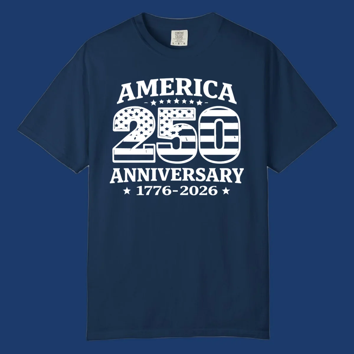 America 250th anniversary text and numbers with American flag elements.