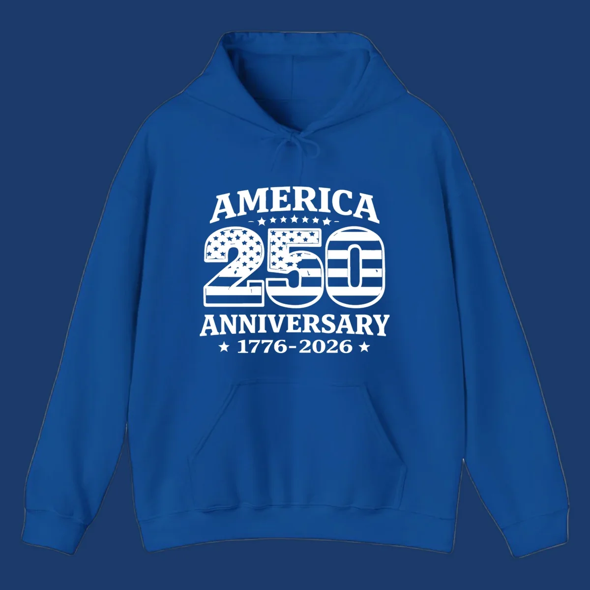 America 250th anniversary text and numbers with American flag elements.