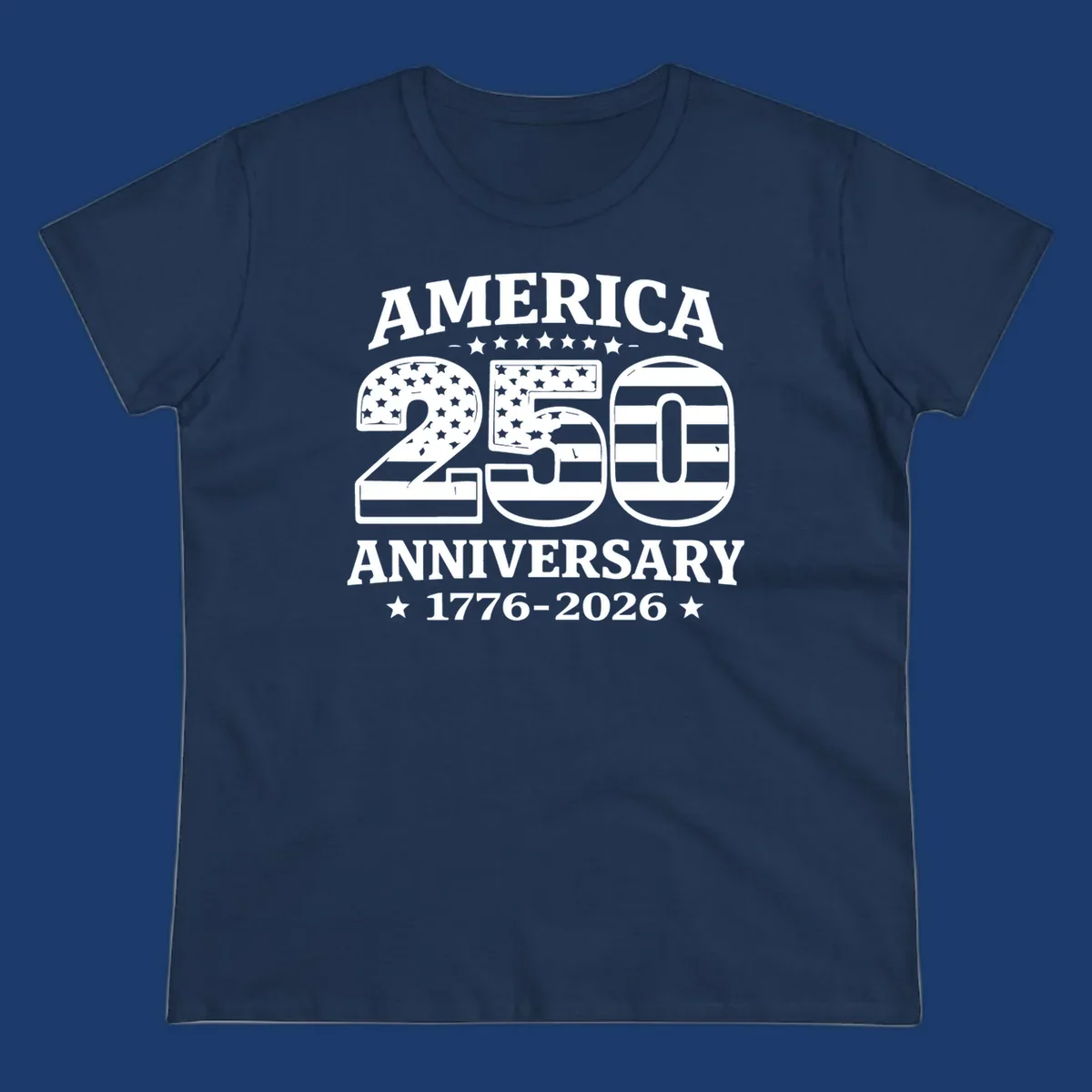 America 250th anniversary text and numbers with American flag elements.