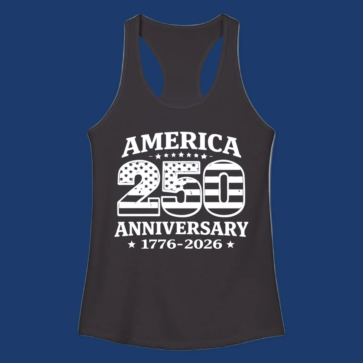 America 250th anniversary text and numbers with American flag elements.