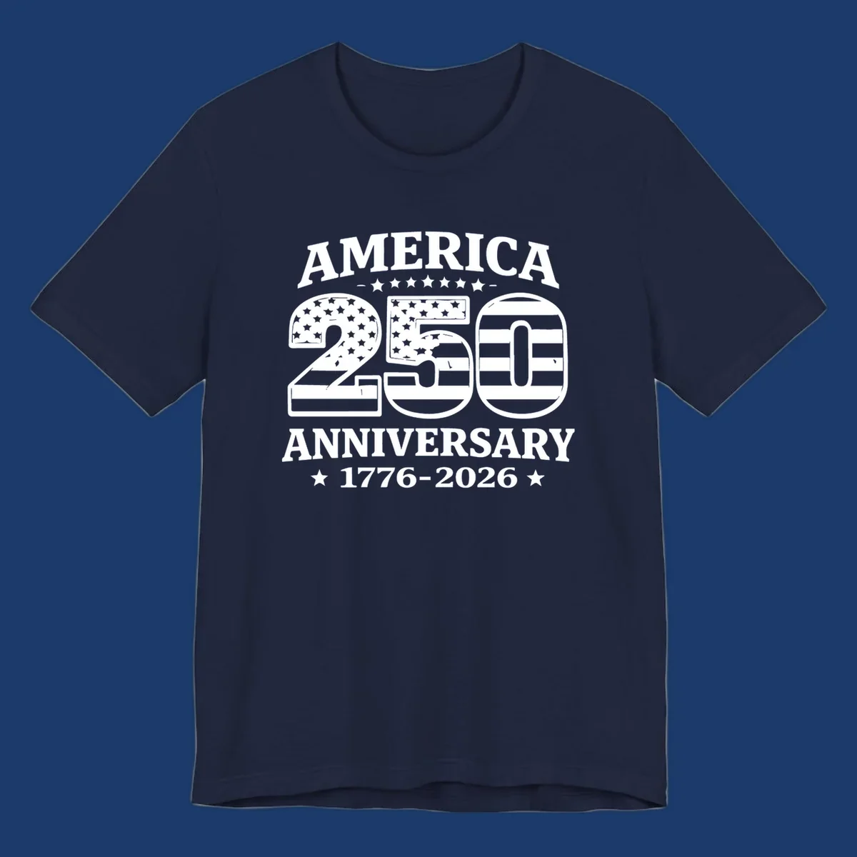 America 250th anniversary text and numbers with American flag elements.