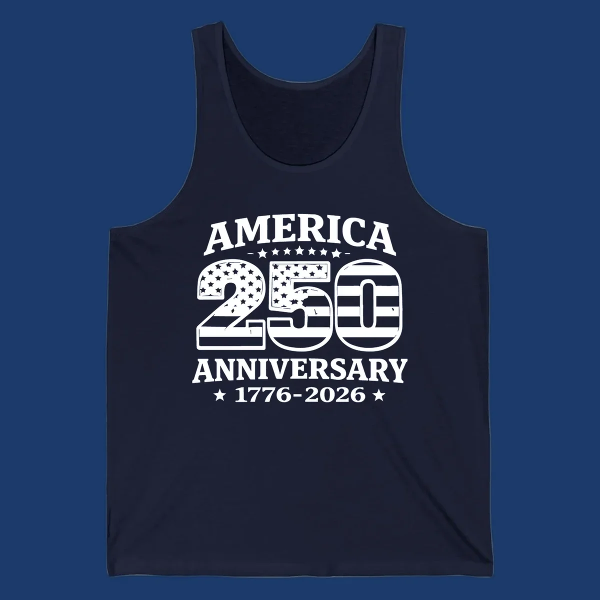 America 250th anniversary text and numbers with American flag elements.