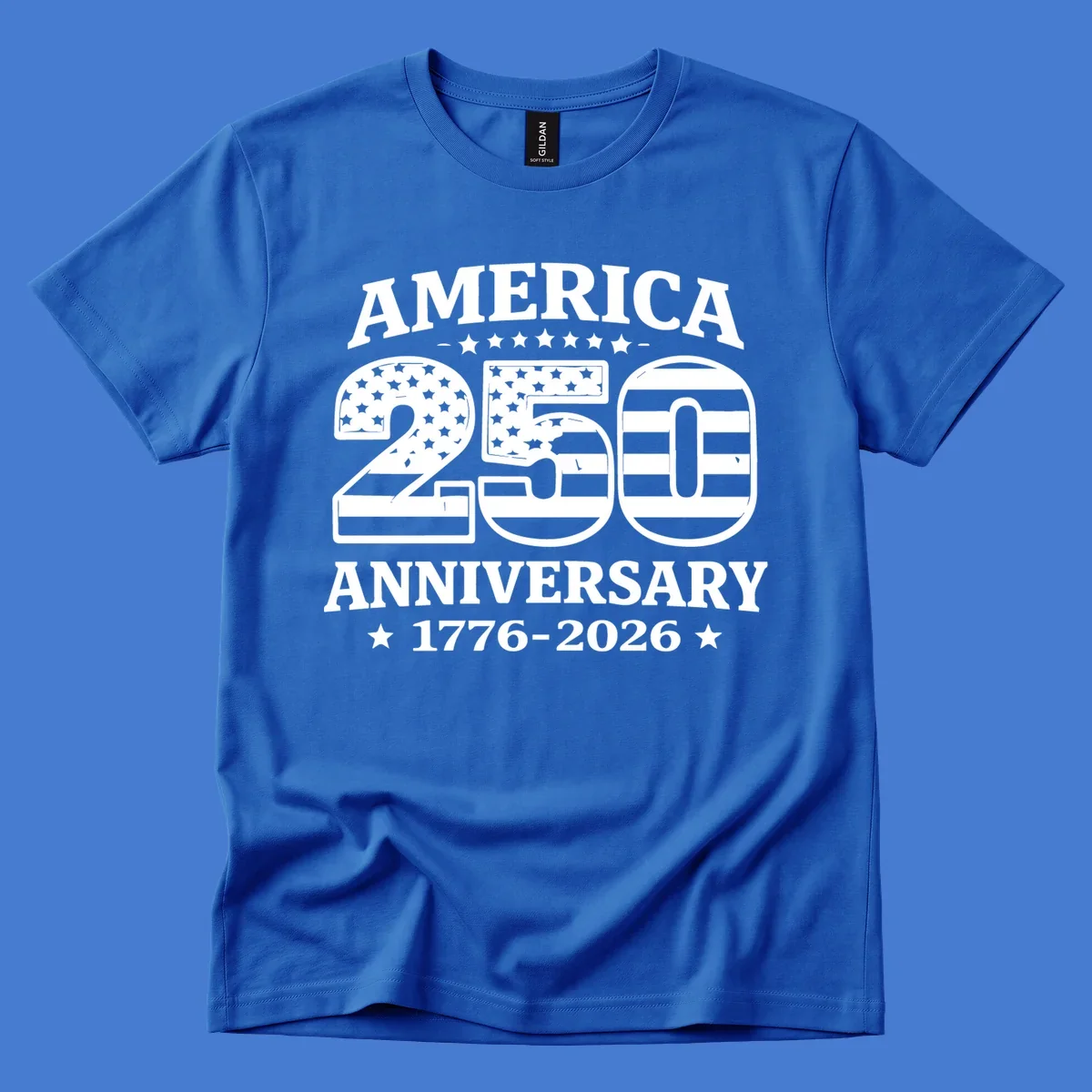 America 250th anniversary text and numbers with American flag elements.